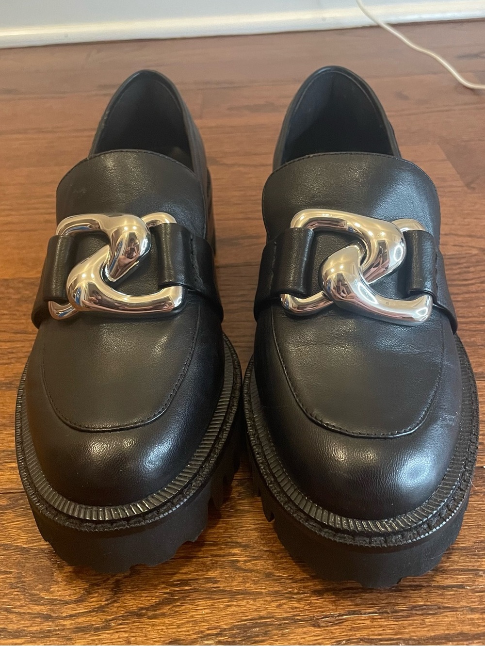 Black Leather Chunky Loafer with Silver Buckle Accent
